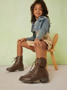 Mini mi 儿童时尚棕色系带战斗靴，带可拆卸袋，灵感来自 Proda，时尚，适合任何冒险 - 棕色 - 查看 1