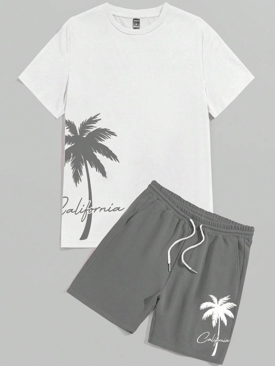 Manfinity VCAY 男士字母和棕櫚樹紋印花短袖t恤和短褲針織休閒2件套組