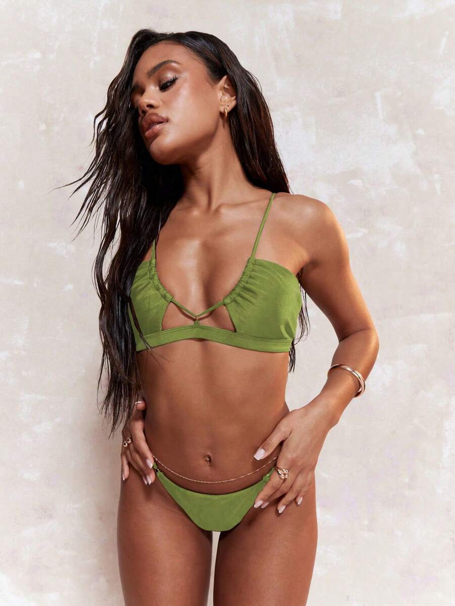 MISSGUIDED Women's Solid Color Ruched Bust Scoop Neck Bikini Top Summer - Army Green - View 1