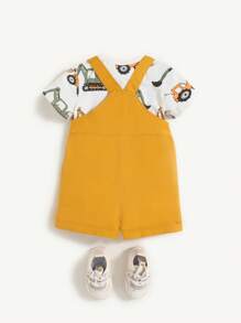 Cozy Pixies 2pcs Baby Boy Soft Plant Floral Print Knit Short Sleeve Top And Overalls Shorts Set - Yellow - View 6