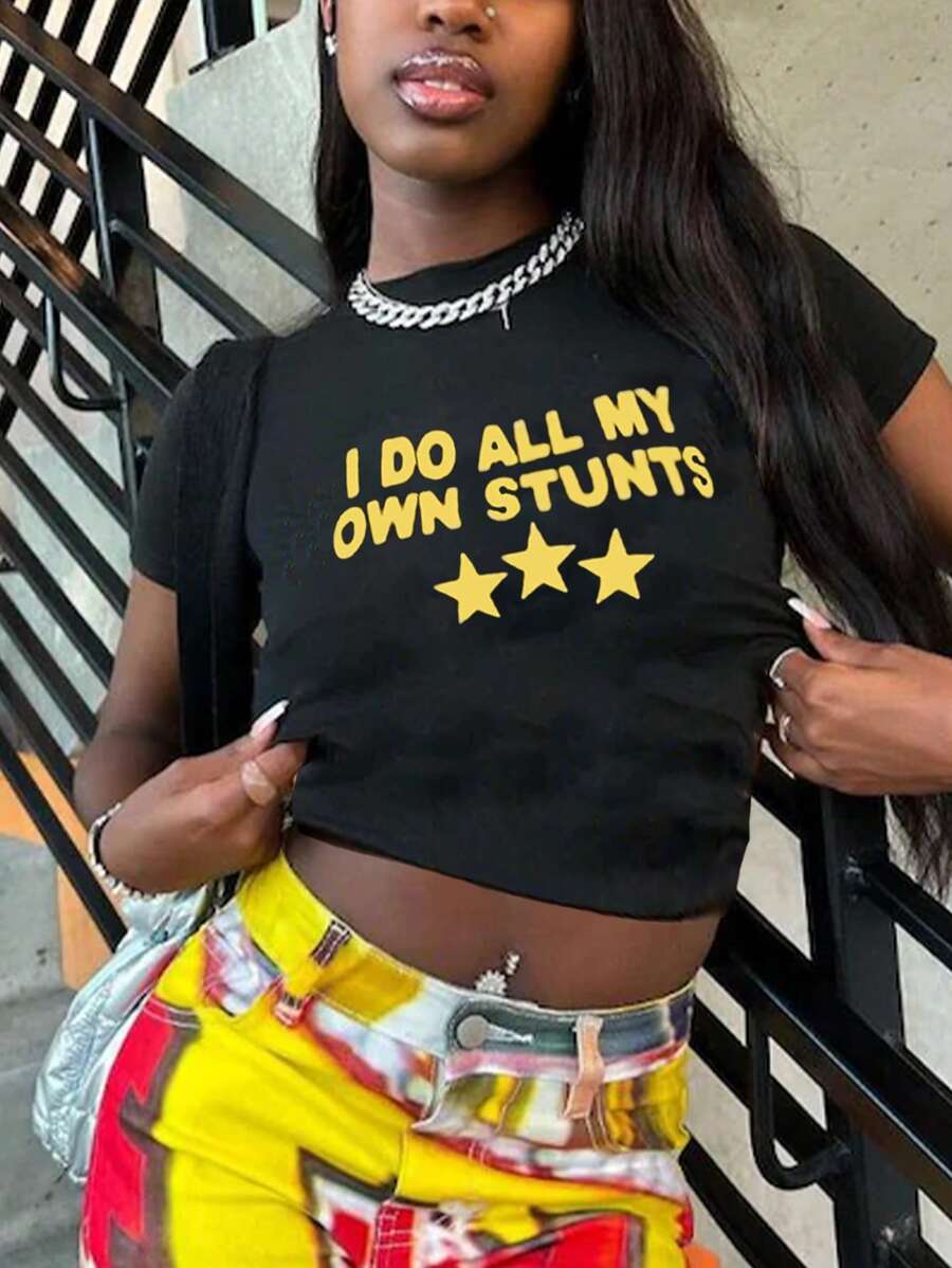 BamGleam Women's Short Sleeve Round Neck Star & Letter Print T-Shirt, Short Style, I DO ALL MY OWN STUNTS Graphic Tees Women Tops - Black - View 1