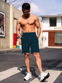 Manfinity Fitness Quần short nam kiểu boyfriend, cạp chun, khóa kéo, túi, thích hợp cho tập luyện thể thao, quần tập gym, quần thể thao. - Màu xanh hải quân - Xem 4