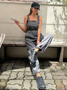 DAZY Women Solid Color Suspender Cargo Pants With Drawstring School - Dark Grey - View 6