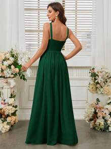 SHEIN Belle Sleeveless Pleated Halter High Slit Waist Elegant Bridesmaid Dress - Dark Green - View 4