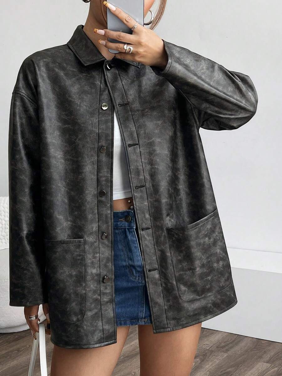 SHEIN EZwear Áo khoác da thường ngày cổ điển có túi kép, mùa thu & mùa xuân - màu đen - Xem 1