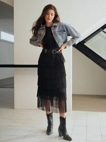 MOTF STUDIO MESH OVERLAY RUFFLE TRIM LAYERED HEM PLEATED LONG DRESS