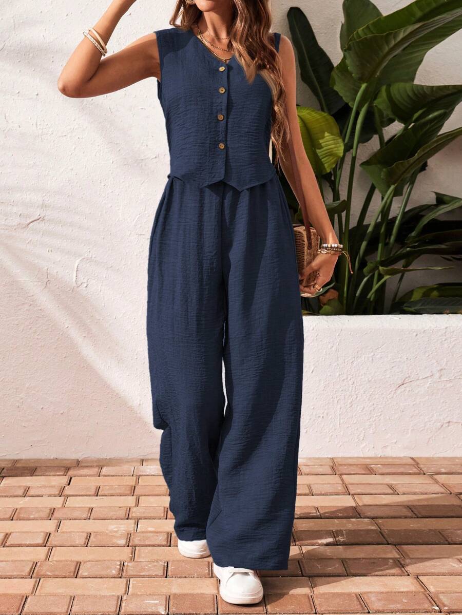 SHEIN Frenchy 2 件女式 V 领无袖单排扣纯色简约上衣和直筒宽松舒适时尚长裤套装，女士休闲荷叶边下摆无袖常规版型海军蓝女式两件套服装，春季/秋季，休闲日常穿着 - 藏蓝色 - 查看 1