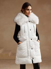 Anewsta Women's Elegant Faux Fur Collar Mid-Long Cotton Padded Jacket, Autumn/Winter