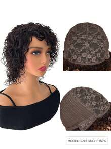 Peluca corta de bob ondulada de 8 pulgadas sin pegamento, peluca de cabello humano para mujer, color natural, sin encaje frontal, peluca hecha a máquina - Natural Black - Ver 5