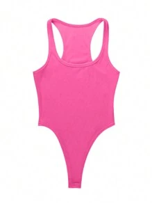 INAWLY Body sin mangas de diseño simple y unicolor para mujer para uso diario - Rosa Fucsia - Ver 3