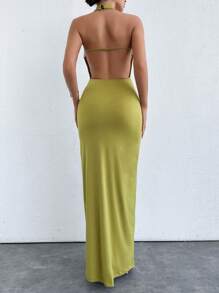 EURMUSE Solid Halter Neck Backless Dress - Olive Green - View 2