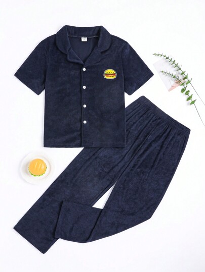2pcs Teenage Boys' Minimalist Navy Blue Long Pants & Short Sleeve Cardigan Leisure Suit, Home Wear