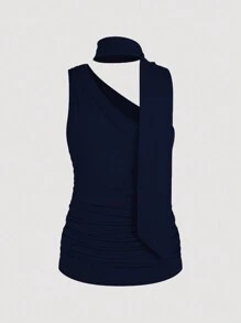 INAWLY Women Solid Color Stand Collar Hollow Pleated Camisole - Navy Blue - View 2