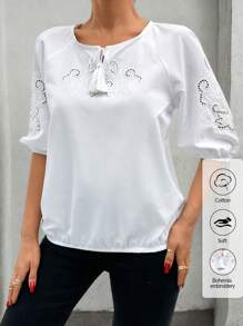 RueChic Placement Eyelet Embroidered Women's Blouse - White - View 1
