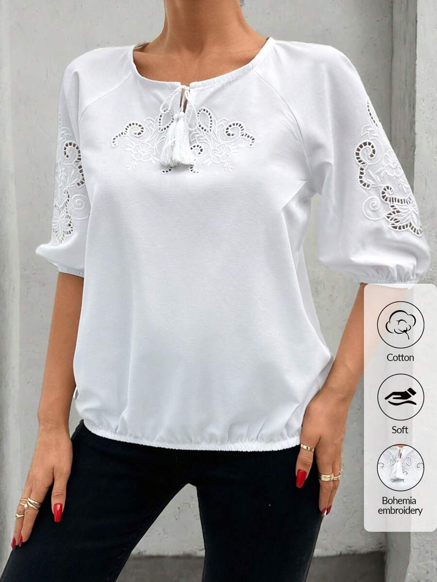 RueChic Placement Eyelet Embroidered Women's Blouse - White - View 1
