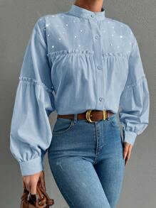 EURMUSE 100%Cotton Women's Elegant Solid Color Stand Collar Lantern Sleeve Shirt With Ruffle Trim, Rhinestone Decoration And Pleats, Spring And Summer - Blue - View 3