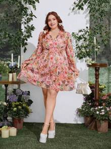 Flirla Robe décontractée à manches longues, col en V, imprimé floral all-over, grande taille - Multicolore - Voir 5