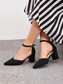 CUCCOO BIZCHIC Woman Shoes Minimalist Point Toe Fashion Elegant Ankle Strap Black Chunky Pumps For Summer Vacation Shoes Summer Elegant Heels Back To School Shoes College Student Shoes Elegant Basics Business Casual Business Chic Spring Shoes Spring Break Easter - Black - View 5