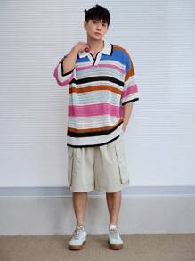 DAZY 男士夏季多色拼接镂空针织短袖休闲上衣，适合返校和假期穿着 - 彩色 - 查看 5