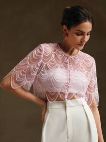 Anewsta Vintage French Elegant Sequin Shawl, Lightweight Capelet - Pink - View 1