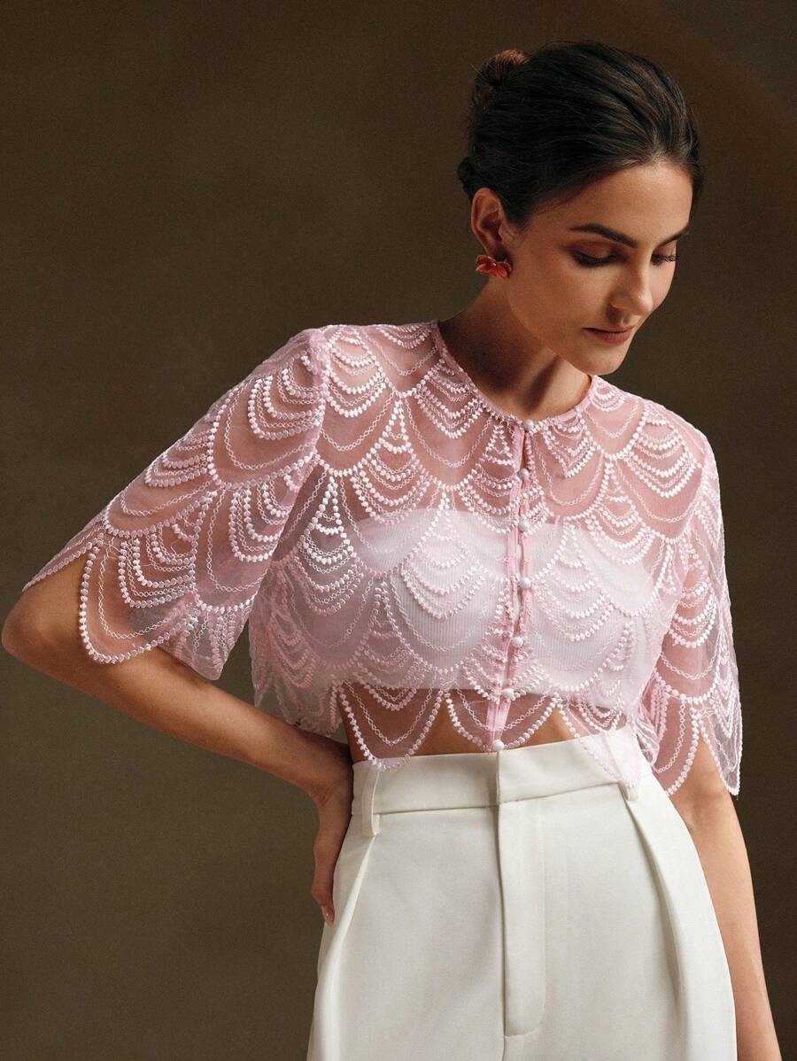 Anewsta Vintage French Elegant Sequin Shawl, Lightweight Capelet - Pink - View 1