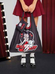 Betty Boop | ROMWE 卡通甜美可愛貝蒂收納袋，大容量攜帶式可摺疊購物手提袋附包