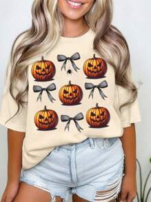 SHEIN LUNE Plus Size Women's Loose Fit Casual T-Shirt With Bowknot & Pumpkin Print, Round Neckline And Dropped Shoulders, Summer