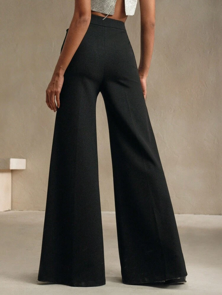 Elegante Mode Mitteltaille Strukturstoff Schwarze Tasche Gerade Bein Einfarbige Hose, Petite