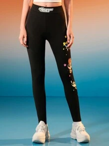 THE POWERPUFF GIRLS X SHEIN Summer Black Cartoon Pattern Basic Cute Casual Style Leggings