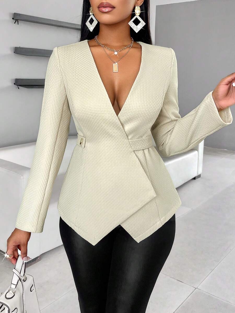 VaVaBold Blazer có thắt lưng dành cho nữ đi làm màu trơn - Màu be - Xem 1