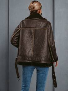 SHEIN Privé Women's Vintage Style Stand Collar Zip-Up Long Sleeve Charming Jacket Faux Leather Aviator Jacket With Borg Lining 