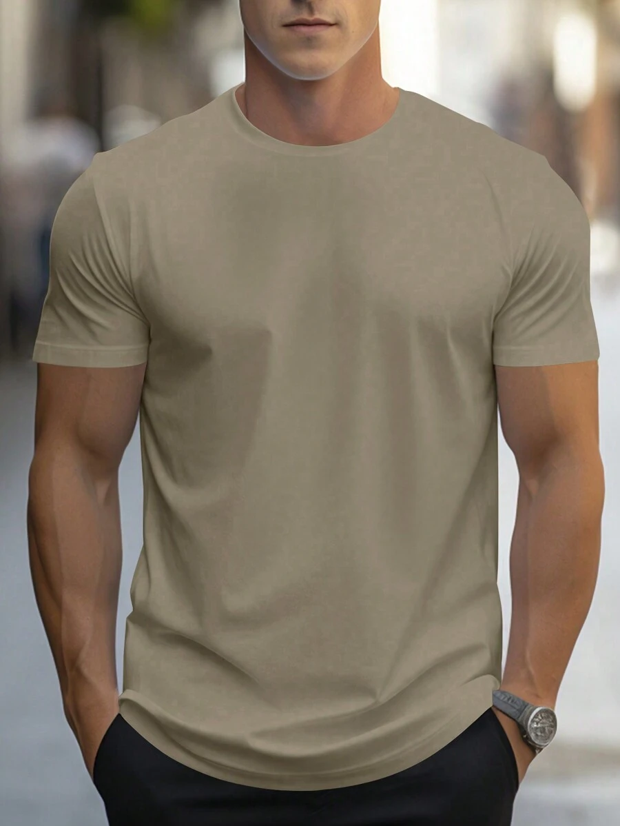 Manfinity Homme Men's Solid Color Crew Neck Short Sleeve Simple Casual T-Shirt - Khaki - View 1