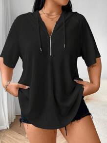 SHEIN MOOSTA Plus Size Hooded Zip-Up Short Sleeve Plain Casual Loose Comfy T-Shirt - Black - View 4
