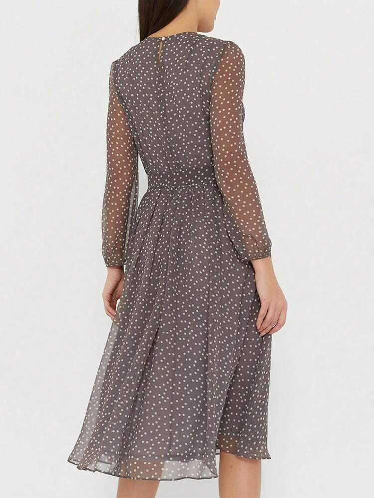 PoPoHouse Women's Elegant Summer Ditsy Floral Dress, Lantern Sleeve Round Neck, Vacation Wear, Spring/Summer Polka Dot