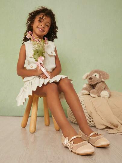 Mini mi 女童超金网眼蝴蝶结玛丽珍芭蕾平底鞋 - 舒适透气、时尚、百搭