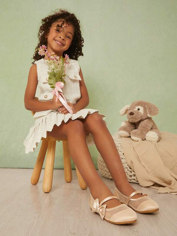 Mini mi Girl's Super Gold Mesh Bow Mary Jane Ballet Flats - Comfy And Breathable, Fashion, Versatile