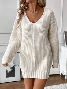 SHEIN LUNE 女士超大 V 领针织休闲连衣裙，纯色宽松套头毛衣连衣裙