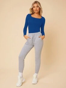 RueChic Solid Scoop Neck Slim Fit Tee - Royal Blue - View 7