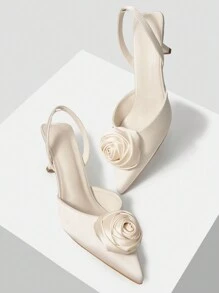 MOTF PREMIUM 春季尖头花卉贴花细高跟鞋，适合新年假期、情人节、春假复活节舞会高跟鞋 - 米色 - 查看 5