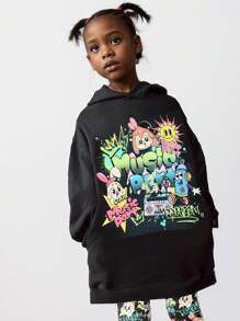 Kapuzenpullover mit Graffiti-Karo-Print und Leggings mit Vollgrafik für Tween-Mädchen, 2 Stücke Outfit - Schwarz - Übersicht 2