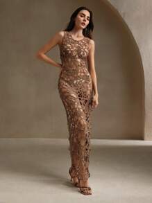 Anewsta Elegant 3D Floral Pattern Crochet Inspired Backless Dress Summer - Khaki - View 6