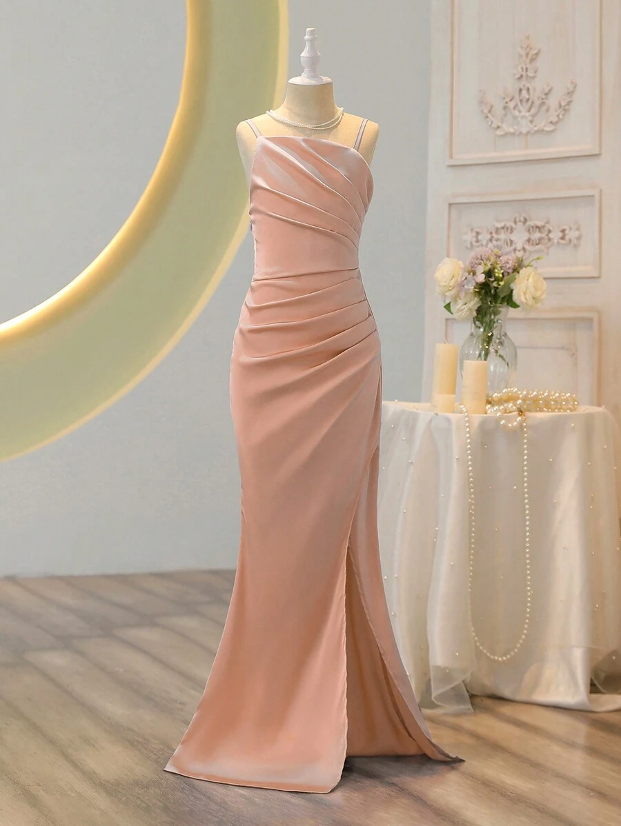 SHEIN Vestido formal largo con abertura y tirantes finos elegante para niñas preadolescentes, para presentaciones, bodas y fiestas de cumpleaños - Rosa - Ver 1