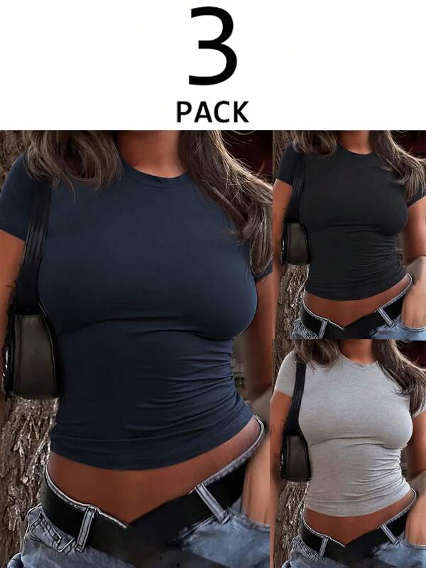 INAWLY 3pcs/Set Women's Summer Short Fitted Multicolor T-Shirt & Casual Matching Set