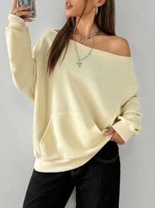 SHEIN EZwear Moletom Minimalista de Manga Longa com Ombro à Mostra e Bolso, em Cor Sólida, Uso Casual Diário - Damasco - Visão 3