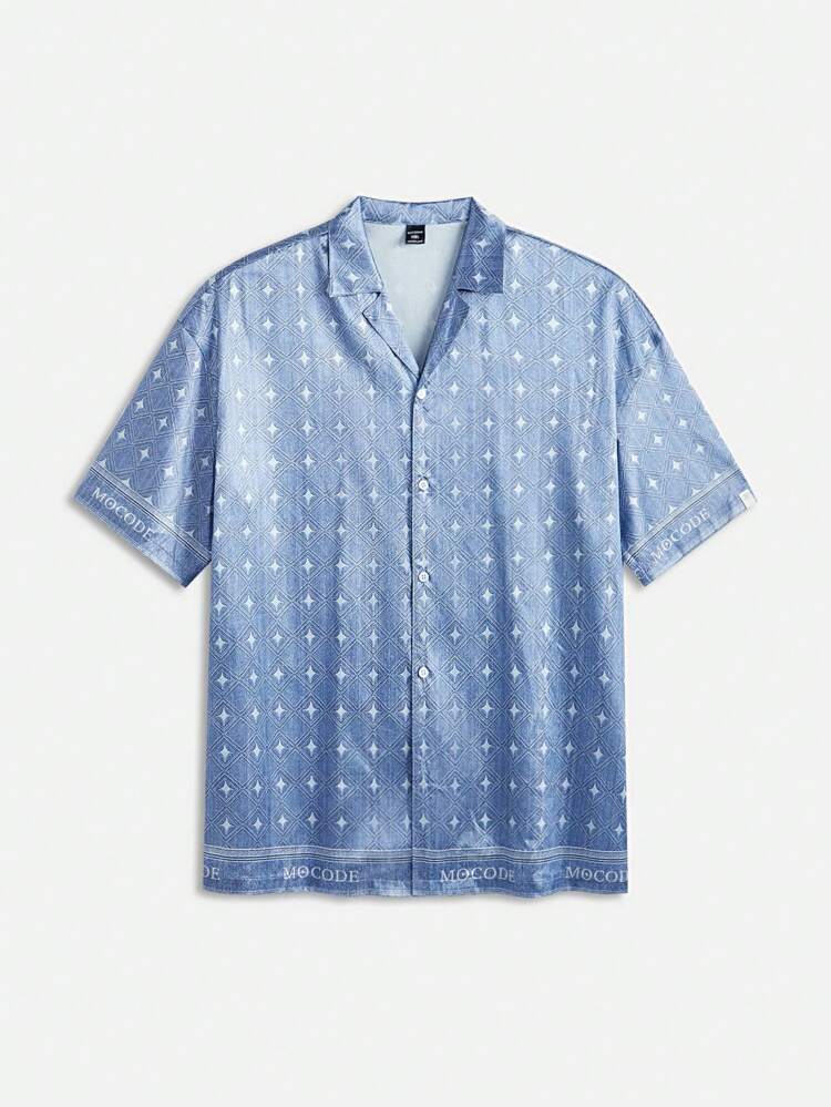 Silk-Like Men's Loose Fit Drop Shoulder Short Sleeve Shirt With Woven Pattern And Print, Mandarin Collar, Suitable For Summer