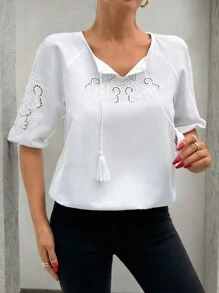 RueChic Placement Eyelet Embroidered Women's Blouse - White - View 4