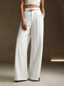 Anewsta Petite Pantalon de costume blanc printemps, pantalon de costume moderne urbain avec décoration de ceinture métallique de couleur unie et poches - Blanc - Voir 6