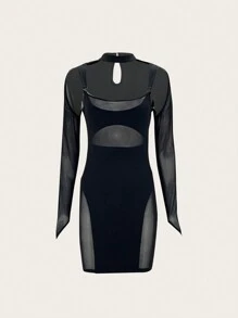 SHEIN X KeniaOs SHEIN ICON 颈链式网眼拼接紧身连衣裙 - 黑色 - 查看 5