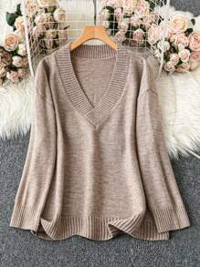 SHEIN LUNE 大码 V 领休闲毛衣，适合春秋冬季 - 卡其色 - 查看 1