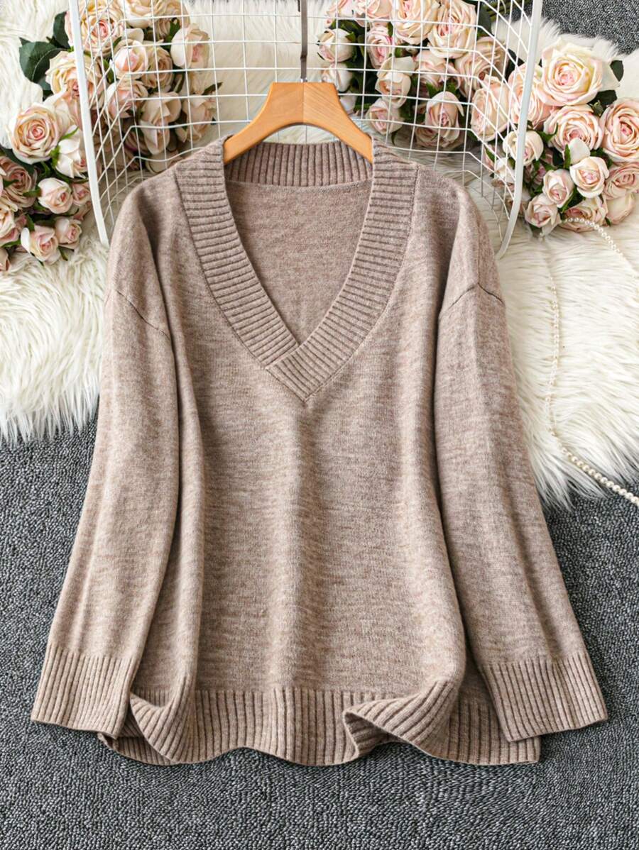SHEIN LUNE 大码 V 领休闲毛衣，适合春秋冬季 - 卡其色 - 查看 1